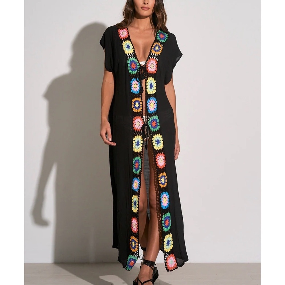 Elan Black Maxi Swim Cover-Up with Multicolor Crochet Trim